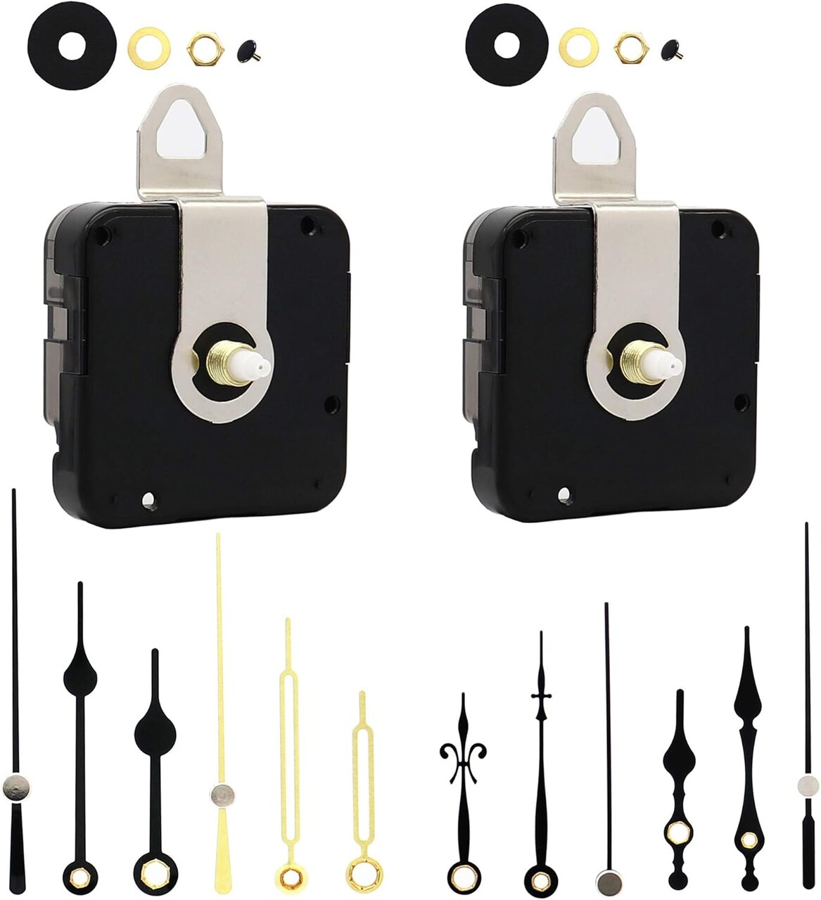 2-Pack Quartz Clock Movement Kit with 4 Pairs of Silent Sweep Hands – 13.5mm Shaft DIY Clock Repair & Replacement Parts with Metal Hooks
